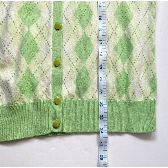 Talbots Cardigan Women M  Lime Green Yellow Argyle Cotton Silk Blend 3/4 Sleeve - Picture 14 of 14
